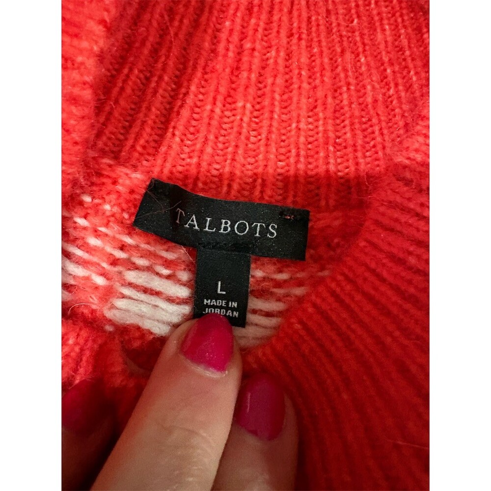 Talbots Sweater Womens Size L Orange Coral White Fair Isle Mock Neck - Picture 6 of 7
